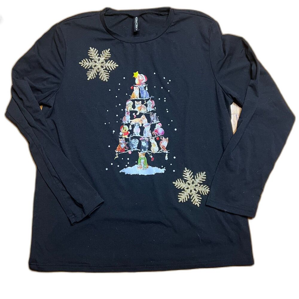 NoraCora Holiday Christmas Tree Cat Print Black Top T-Shirt M Gold snowflakes